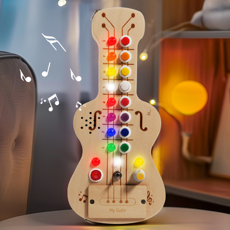 Montessori Wooden Busy Board Toddler - Gitar Kayu LED Bercahaya, Papan Aktivitas